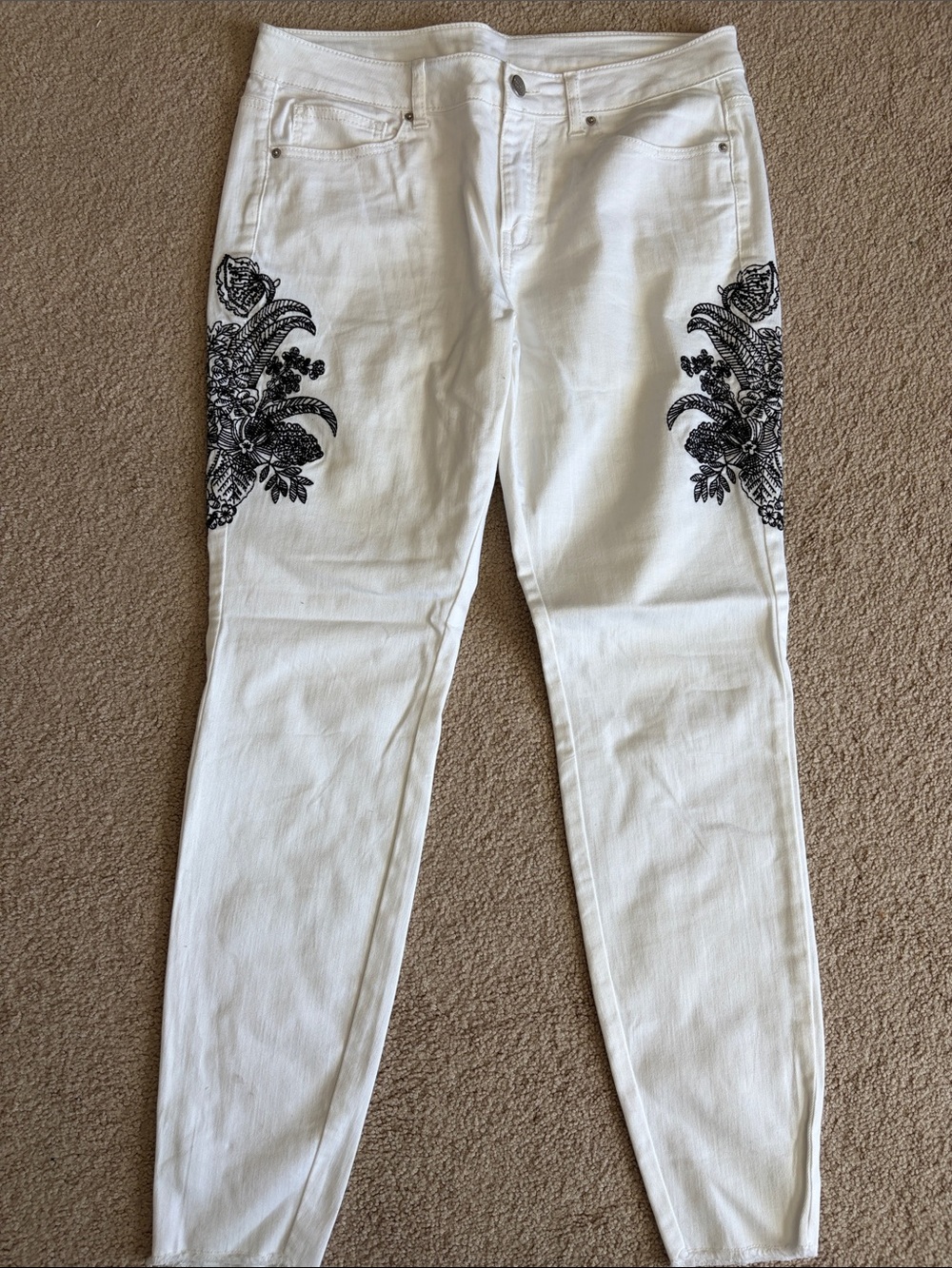 Republic White Skinny Jeans with Black Floral Embroidery